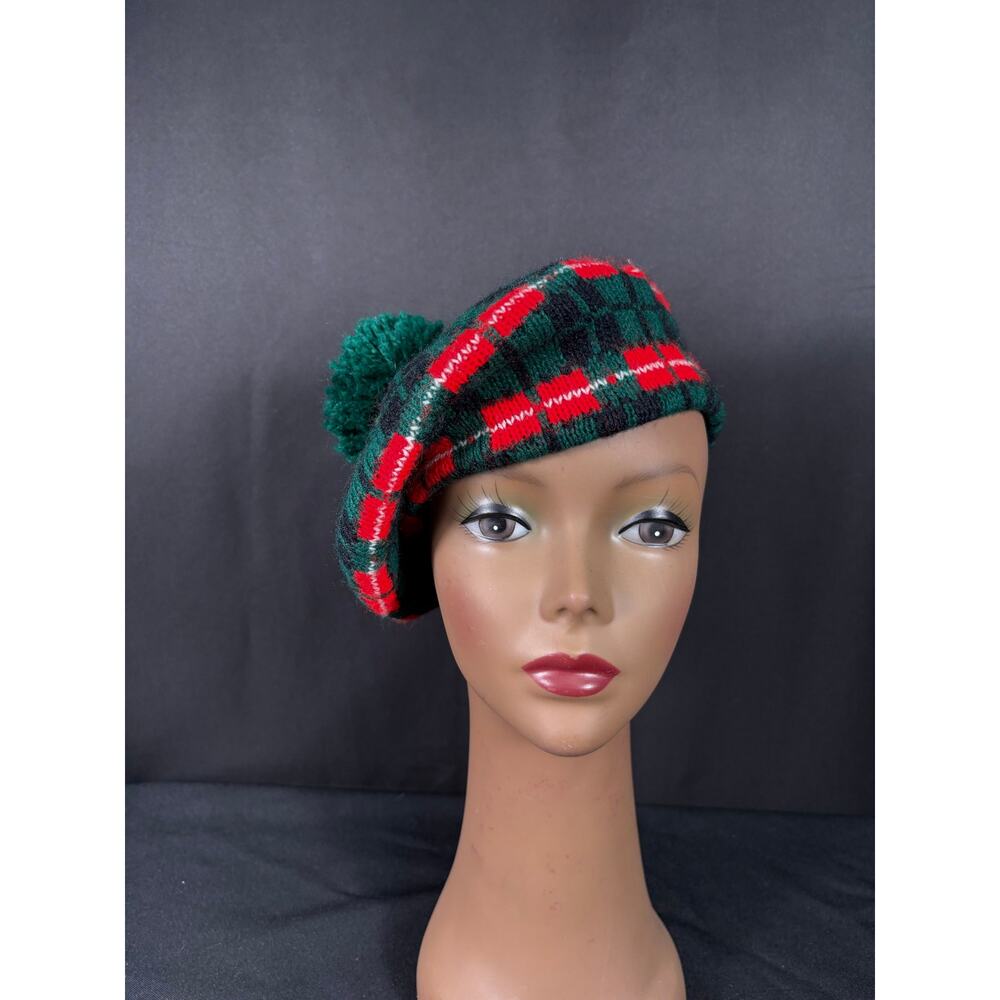 Vintage Betmar Plaid Knit Beret Pom Pom Green Red White & Black Cap Hat